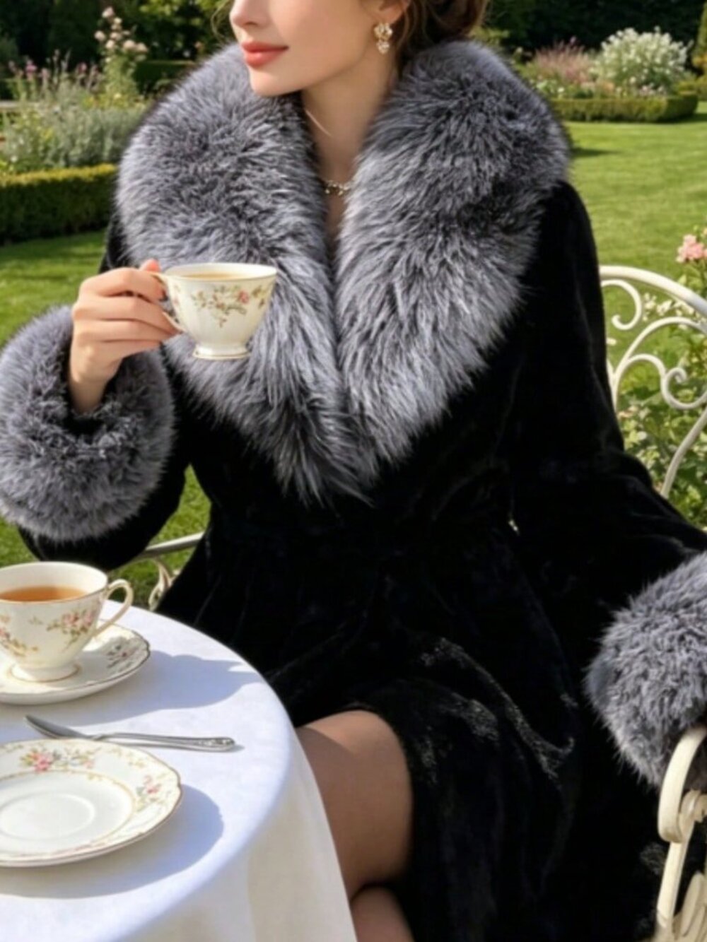 Black Casual Women's Large Fur Collar Mid-Length Slim Fit Faux Fur Coat